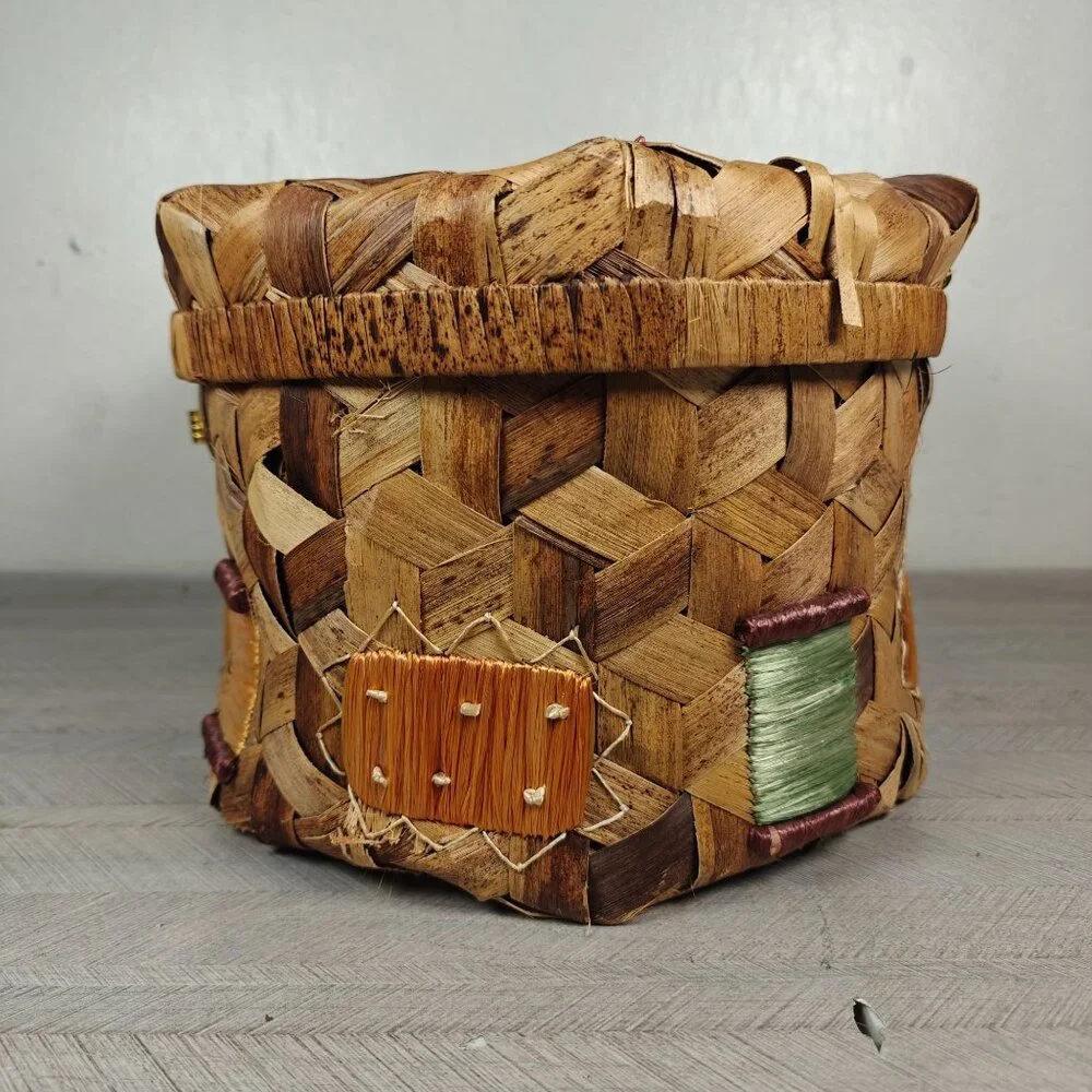 Vintage Handwoven Wicker Sewing Basket With Lid & Decorative Accents